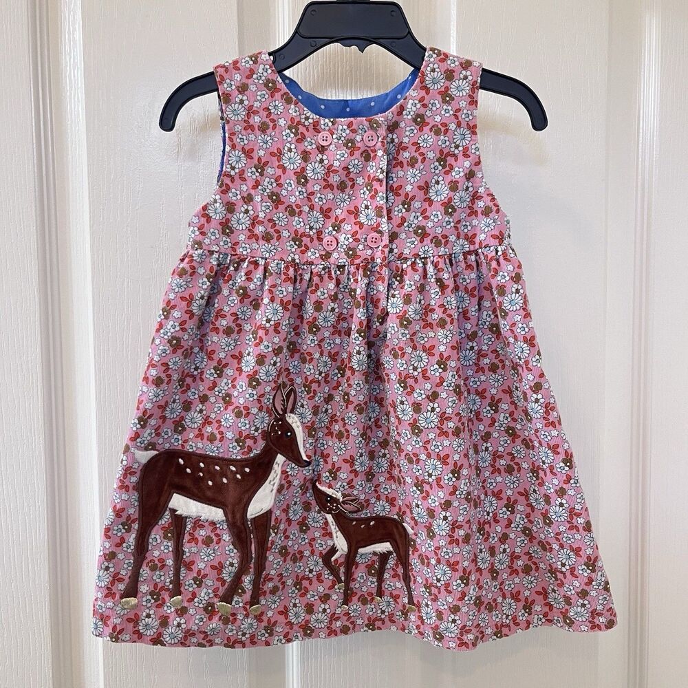 Baby Boden Pink Deer Vintage Daisy Applique Corduroy Pinnie Dress 18-24 Months